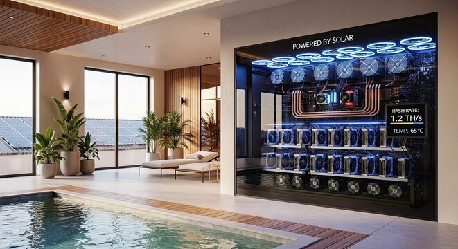 Modern Luxury Interior with Cryptocurrency Mining Rigs and Indoor Pool