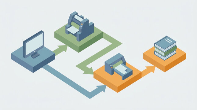 Isometric illustration depicts a digital workflow from a computer to a printer and then a book, symbolizing publishing and information processing