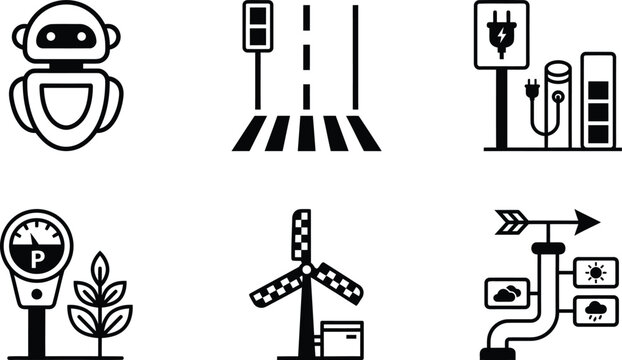 Smart City Infrastructure Green Energy and EV Charging Station Icons Set