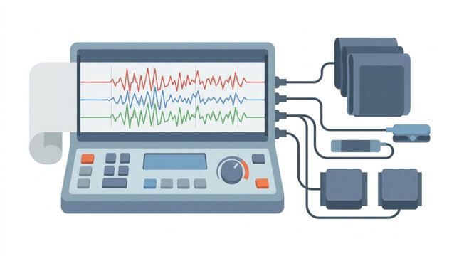 Illustration of a medical monitor displaying brainwave graphs connected to multiple recording devices, highlighting neurological data analysis with a clean, technological aesthetic