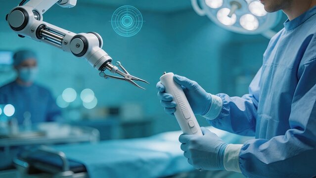 Robotic surgical arm in modern operating room, doctor controlling advanced medical device, precision surgery technology, future healthcare innovation, blue sterile environment