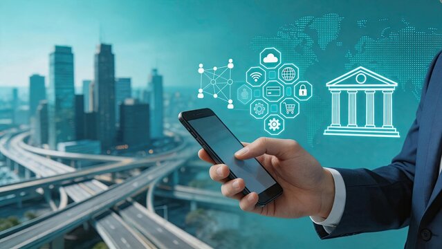 Hand holding smartphone with fintech icons, banking building symbol, cloud storage, and network nodes, smart city background with highway interchange, mobile payment, digital