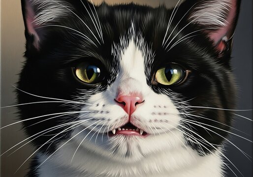 Close Up Black and White Cat Staring Forward Indoors