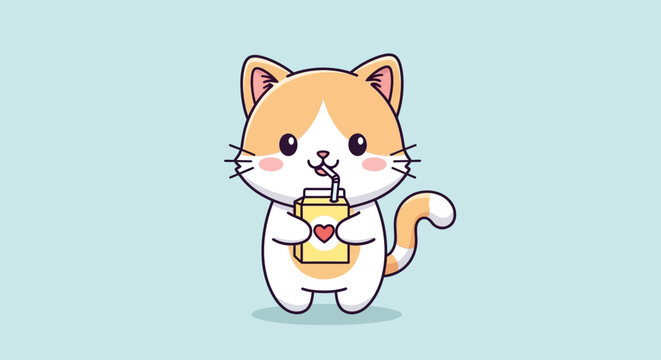 Cartoon cat drinks from a juice box