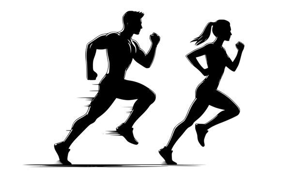 Running man and woman, isolated vector silhouettes. Run, side view. Silhouettes of athletic looking male and female runners running. Transparent SVG version.
