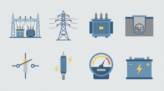 Flat lay composition of electrical equipment icons including transformers, power line tower, battery, and meter against a light blue background, conveying industrial and energy themes