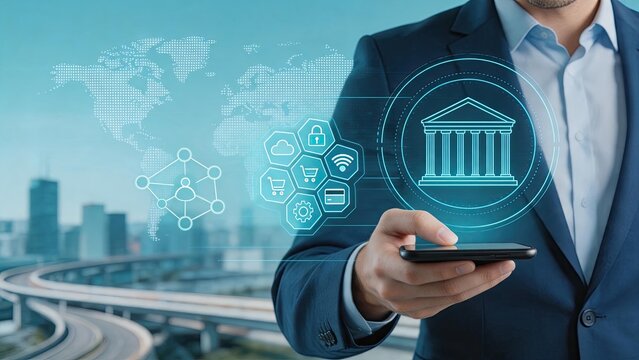 Mobile banking and fintech security app, digital payment solution, online finance management, secure transaction icon, global economy network, smart city background, wireless