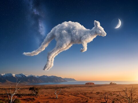 Dreamlike kangaroo cloud leaps across Australian desert under starry night sky