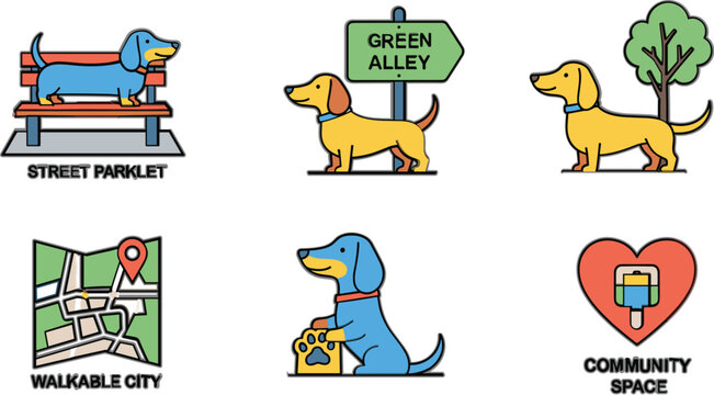 Urban Community Dog Lifestyle Icon Set with Walkable City Symbols, Green Alley Concepts, Parklet Spaces, and Pet Friendly Illustrations