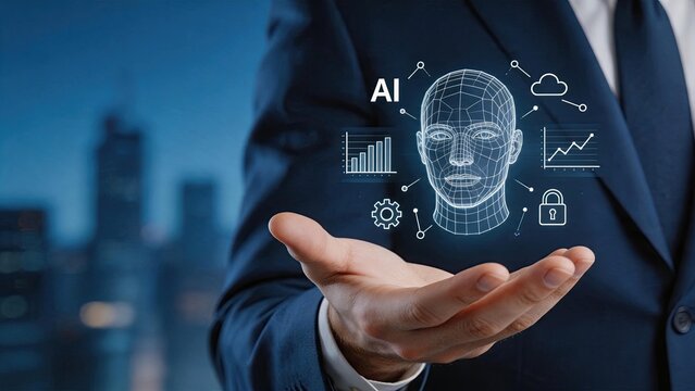 Businessman hand holding virtual wireframe human face head with AI text, surrounded by security lock cloud gear icons, artificial intelligence cybersecurity data protection and