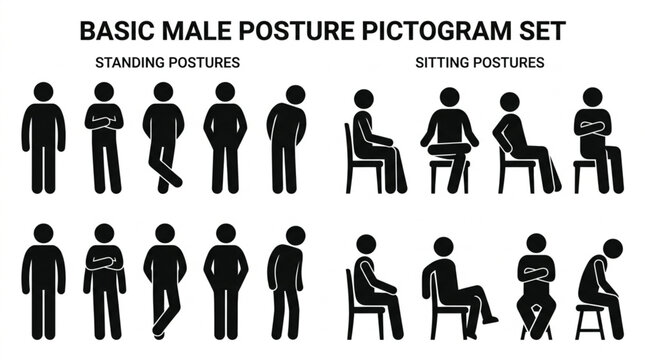 Basic Male Posture Pictogram Set Standing and Sitting Poses.