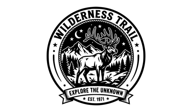 Black and white vintage elk badge t shirt vector with outdoor adventure emblem isolated on white