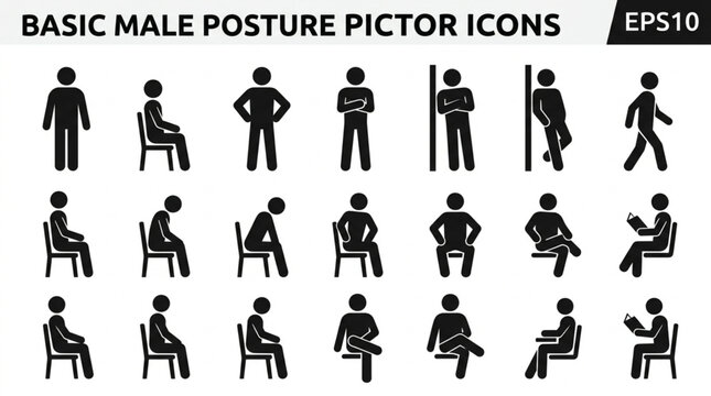Basic Male Posture Pictograms Icons Set.