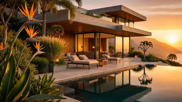 Luxury modern house with infinity pool and tropical landscaping at sunset overlooking ocean and mountains