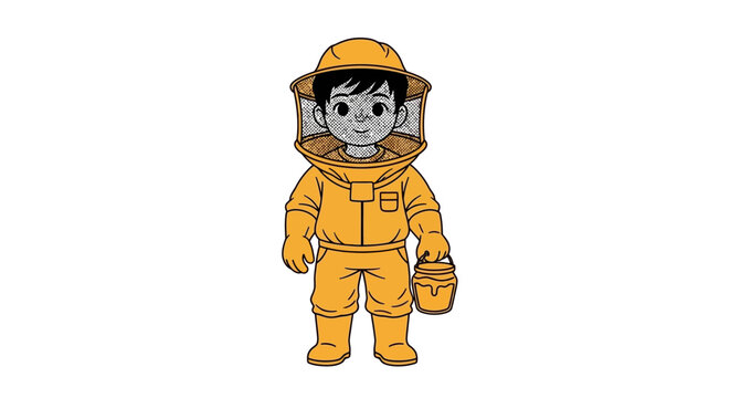 Cartoon character in beekeeper suit.