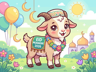 Fototapeta premium Cute Goat Eid Mubarak Celebration.