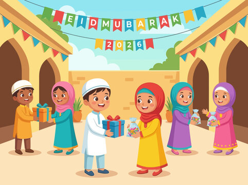 Muslim children celebrating Eid.
