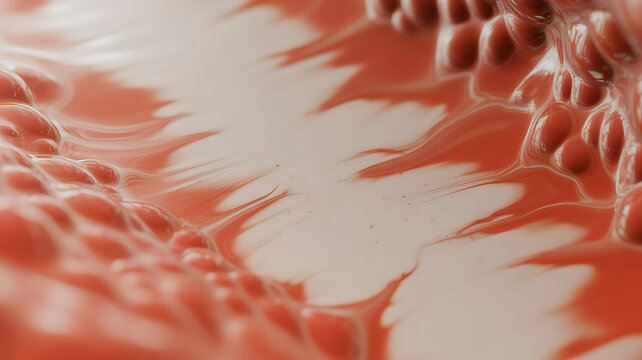 Closeup view of a vibrant orange liquid with a bumpy texture and smooth surface, resembling a mixture of paint and oil on a nonuniform surface