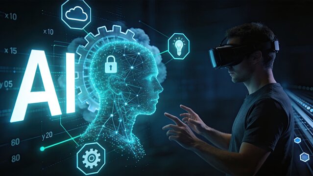 Man wearing virtual reality headset interacting with artificial intelligence hologram interface, digital brain network, cloud computing and security icons, futuristic technology