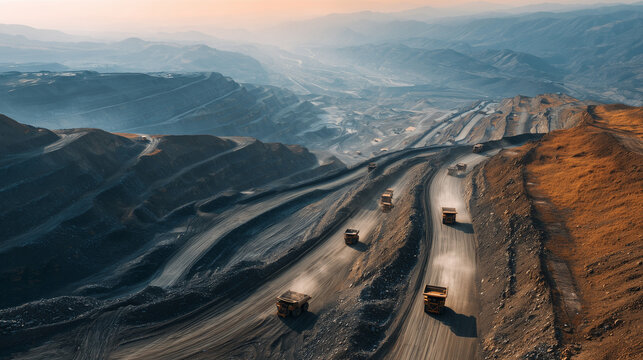 Vast Open-Pit Mine at Sunrise: A breathtaking aerial view reveals the immense scale of an open-pit mine, with heavy-duty trucks traversing dusty roads under the soft light of dawn.