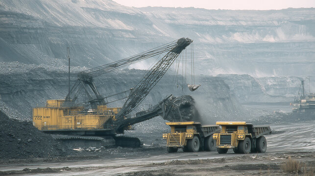 Gigantic Excavator and Dump Truck at Mine: A massive yellow excavator loads dirt into a large dump truck at an open-pit mine, showcasing industrial operations and heavy machinery in action.