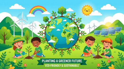 Obraz premium Children planting trees around earth with renewable energy sources in background for eco friendly sustainable future