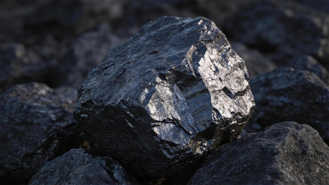 A Close-up of Luminous Coal: A striking, rough lump of coal, its surface reflecting light, rests on a bed of similar dark, textured rocks, highlighting its raw, natural beauty.