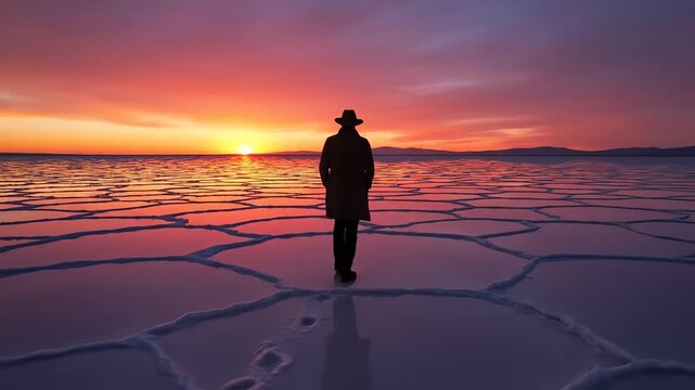 Man in hat and coat walking across a vast salt flat towards a vibrant sunset