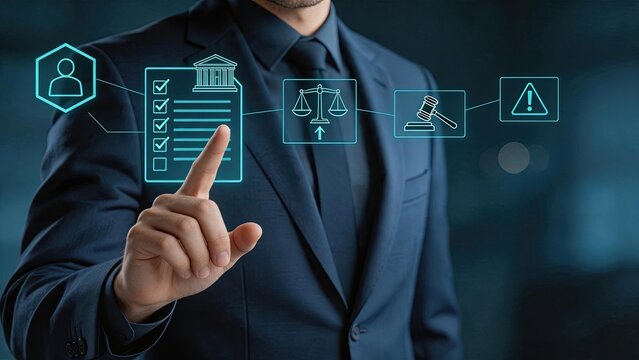 Lawyer interacting with legal compliance icons, justice scales, gavel, warning sign, regulatory checklist, law firm concept, attorney at work, juridical process visualization,