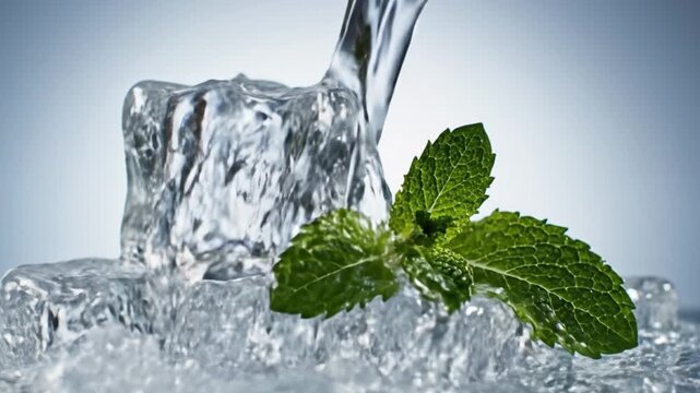 Water pouring over ice cubes with fresh green mint leaves on a blue background