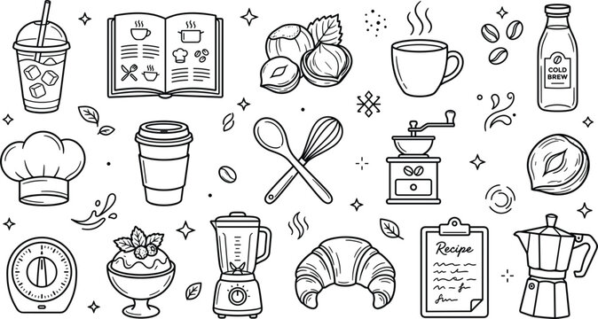 Coffee shop and bakery icon set with doodle recipe book croissant grinder blender cup moka pot vector
