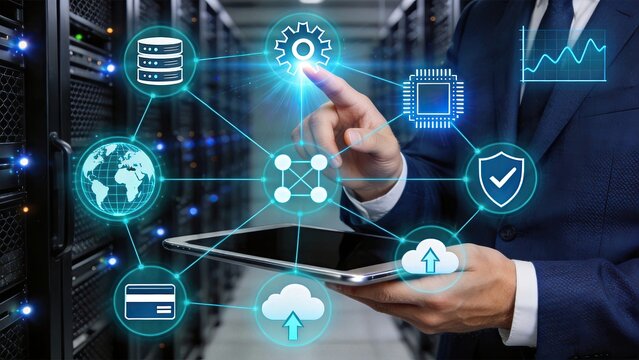 Server room data center network cloud computing security icons, IT infrastructure database global connection system management concept.