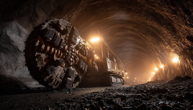 Tunnel Boring Machine in Action: A powerful tunnel boring machine carves its way through rock, illuminated by industrial lights, symbolizing progress and underground construction.