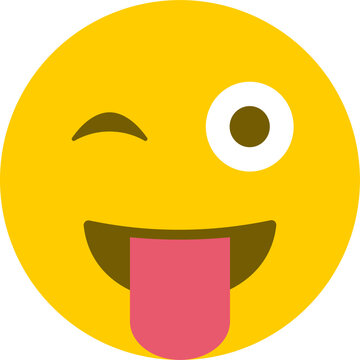 A playful yellow emoji face winking with one eye, the other wide open, and a pink tongue sticking out.