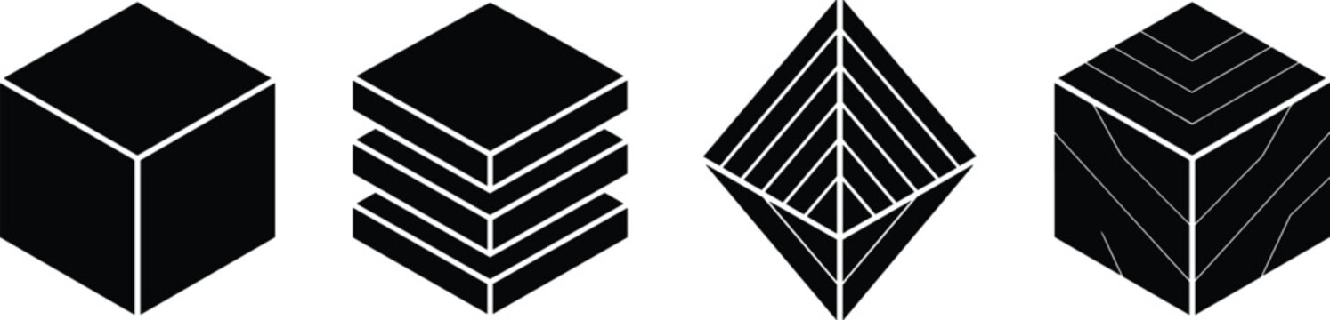 Abstract 3D isometric geometric block icons set with black cube database stack and line patterns vector illustration