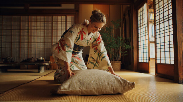 Woman in floral kimono preparing zabuton cushion in traditional tatami room with warm morning sunlight