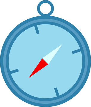 A simple blue cartoon compass with a light blue face and a red and white needle, featuring a small ring at the top.