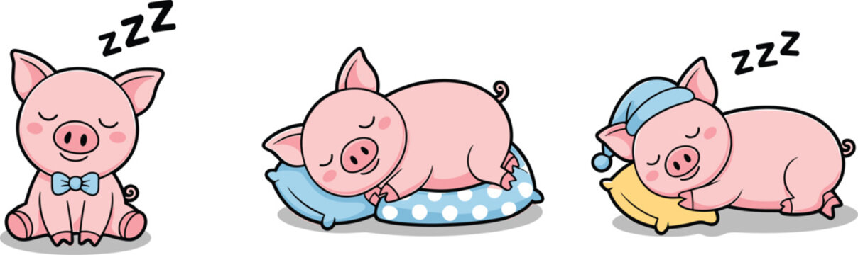 Cute Sleeping Pig Cartoon Vector Illustration Set with Adorable Pink Piglets Resting on Pillows for Kids, Nursery, and Animal Designs