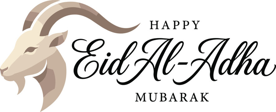 Happy Eid Al-Adha Mubarak typography banner featuring an elegant vector illustration of a goat with horns for Islamic festival