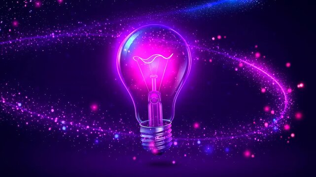 Glowing light bulb with vibrant purple and pink sparkles symbolizing creativity and innovation