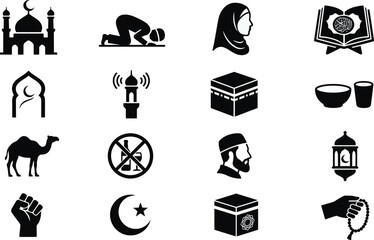Fototapeta premium Islamic and Ramadan solid black glyph icons set featuring mosque, Kaaba, holy Quran, praying person, and crescent moon vectors