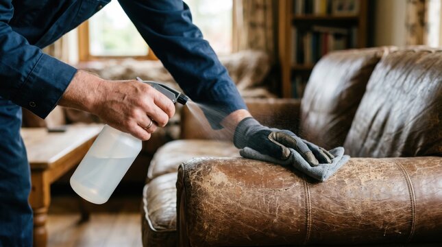 Closeup of expert using deodorizing spray on a wornout leather sofa main focus on hands and spray bottle with faded room behind.