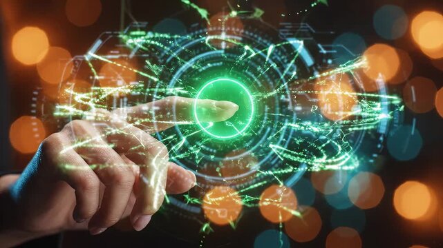 Hand interacting with futuristic digital interface ideal for tech startups and software commercial themes