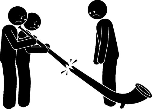Sad figures with a broken traditional alphorn instrument