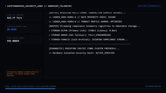 Cryptographic Security Core Dashboard Screen Displaying Global Cluster Threat Matrix Security Cloud Validation Framework.