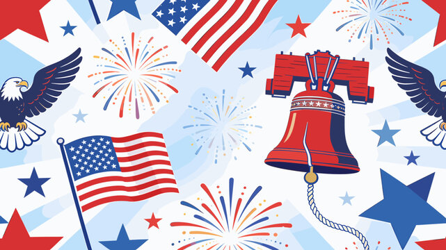Vibrant patriotic pattern featuring American flags, bald eagles, the Liberty Bell, fireworks, and stars in red, white, and blue colors.