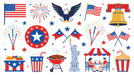 A vibrant collection of American patriotic symbols and Fourth of July celebration elements, including flags, fireworks, the Statue of Liberty, and a BBQ. © blu