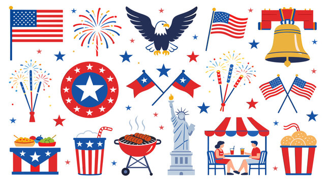 A vibrant collection of American patriotic symbols and Fourth of July celebration elements, including flags, fireworks, the Statue of Liberty, and a BBQ.