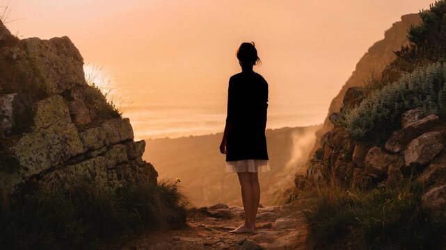 Silhouette of woman standing on rocky path overlooking sunset coastal landscape with warm orange sky