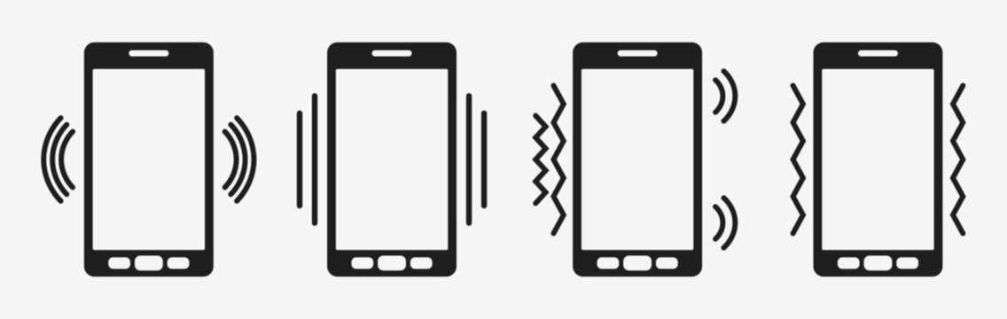 Smartphones with sound waves and shaking lines. call notification icons with vibration and ringing effects set. vector illustration.
